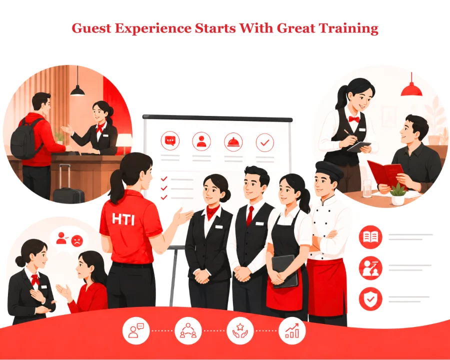 Guest experience starts with great training - an HTI trainer briefing front office, service and kitchen staff on guest expectations