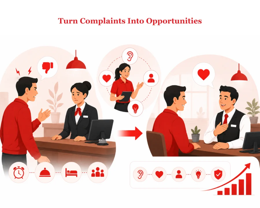 Turning complaints into opportunities - a front desk executive listening to an upset guest, and the same guest leaving satisfied
