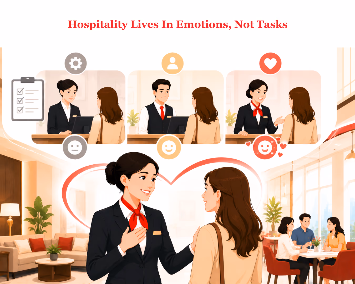 Hospitality staff creating an emotional connection with a guest rather than following a checklist
