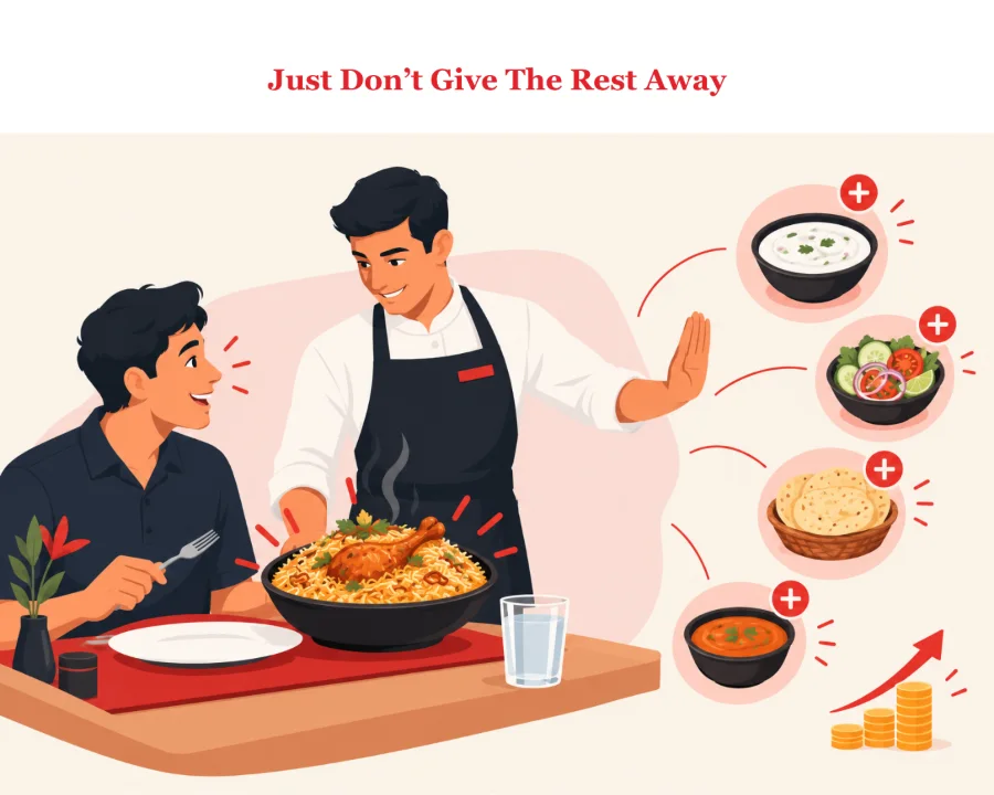 A waiter serves biryani and holds up a hand to stop free extras of raita, salad, papad and gravy, with a rising stack of coins beside them