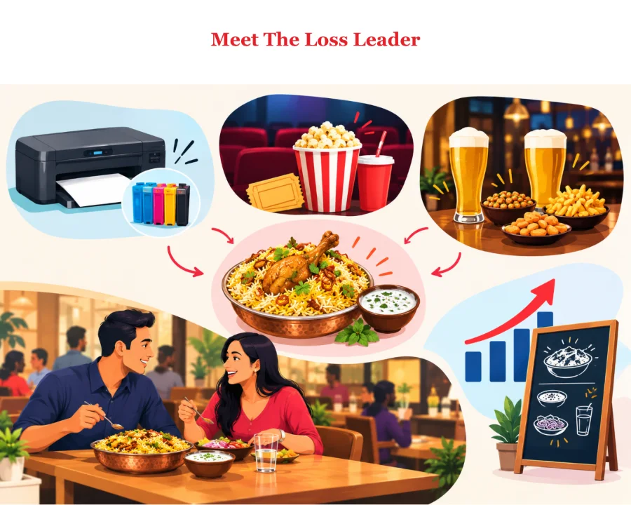 Loss leaders compared: a cheap printer sold for its ink, a movie ticket sold for its popcorn, happy-hour beer sold for its snacks, and a value biryani that fills a restaurant